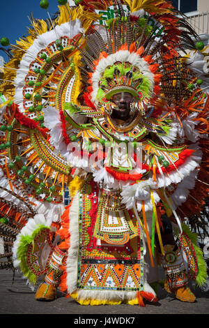 NASSAU, THE BAHAMAS - JANUARY 1, 2011 - Male troop leader dances in Junkanoo, a cultural festival in Nassasu in Jan 1, 2011.   Stock Photo