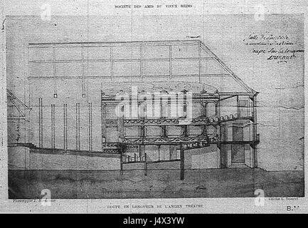 The title refers to a design or architectural plan of the Theatre de Reims, created by Durand. The plan provides a detailed cross-section view of the theatreâ€™s design, focusing on the layout and structure of the building. Durand was known for his methodical approach to architectural design in the 19th century. Stock Photo