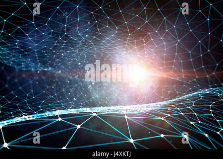 Abstract connected dots on bright blue background. 3D rendering Stock Photo