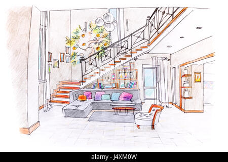 colored hand drawing of modern room design blueprint of living room with furniture - Interior Design Blueprint colored hand drawing of modern room design blueprint of living room with furniture - Interior Design Blueprint