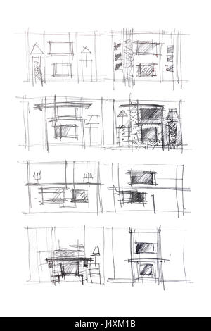 rough sketches of living room interiors and furniture blueprints as different variants for modern room interior Stock Photo