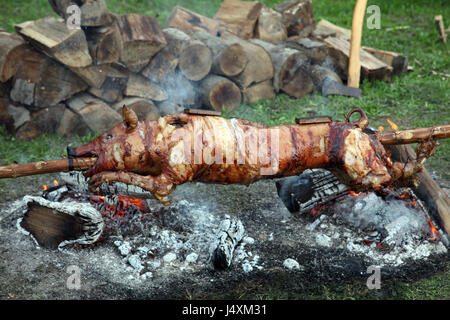 Suckling pig on a rotating spit with fire in the background Stock Photo