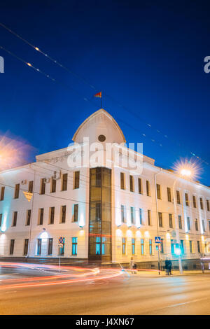 Gomel, Belarus - March 23, 2017: Building Of Gomel City Executive Committee At Intersection Of Sovetskaya And Krest'yanskaya Streets In Night Illumina Stock Photo