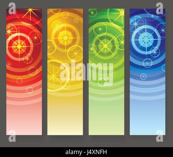 Abstract vertical banners set. Star shape elements and concentrical circles on colorful gradient background. Vector illustration. Stock Vector