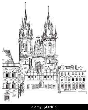 Vector hand drawing illustration  of Tyn Church in Old Town of Prague in Czech Republic Stock Vector