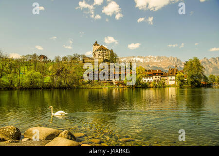 View of Werdenberg Castle seen from Buchs lake, Sankt Gallen canton, Switzerland. Derek Hudson / Alamy Stock Photo Stock Photo