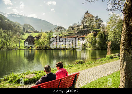 View of Werdenberg Castle seen from Buchs lake, Sankt Gallen canton, Switzerland. Derek Hudson / Alamy Stock Photo Stock Photo