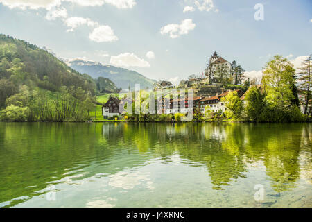 View of Werdenberg Castle seen from Buchs lake, Sankt Gallen canton, Switzerland. Derek Hudson / Alamy Stock Photo Stock Photo