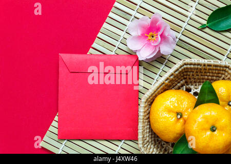 Top view  accessories Chinese new year festival decorations.orange,leaf,wood basket,red packet,plum blossom on red background. Stock Photo