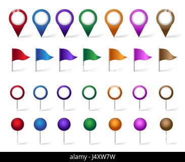 Vector  Set of Location, Places, Travel and Destination Pin Icons, Flags and Buttons for Navigation and Maps. Isolated Vector Illustration. Stock Vector