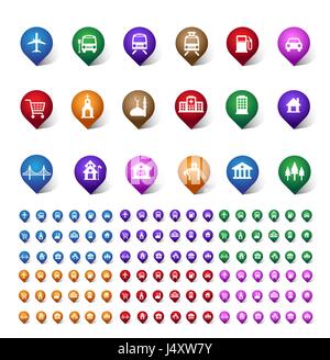 Colorful Vector Set of Location, Places, Travel and Destination Pin Icons and Buttons for Navigation and Maps. Isolated Vector Illustration. Stock Vector
