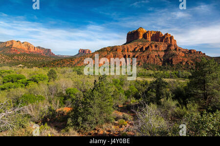 Cathedral Rock Sandstone Cliffs Scenic Landscape View with Green Valley and Blue Skyline in Red Rock State Park Sedona Arizona United States Stock Photo