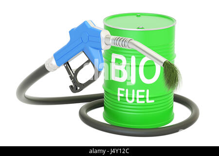 barrel with bio fuel and gas pump nozzle, 3D rendering Stock Photo