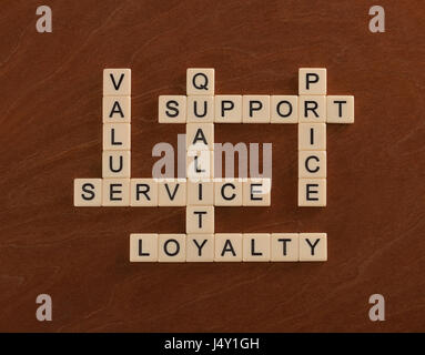 Crossword puzzle with words Quality, Value, Prise, Support. Brand loyalty concept. Ivory tiles with capital letters on mahogany board. Stock Photo