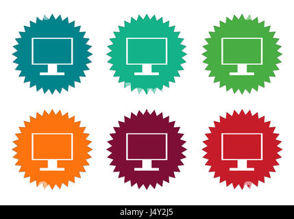 Set of colorful stickers icons with tv screen of computer monitor symbol in blue, green, orange, red and burgundy colors Stock Photo