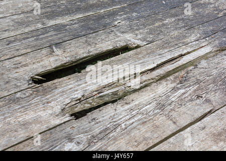 Farmyard flatbed hay trailer - planks rotted through. Possible concept for 'holed', 'repairs' and decay, prices through the floor metaphor. Stock Photo