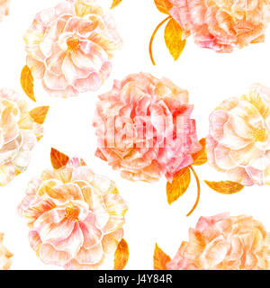 A seamless background pattern with vintage style watercolor drawings of tender pink and white roses, golden toned Stock Photo