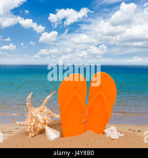 pair of orange flip flop sandals in sand on the beach near sea water Stock Photo