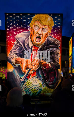 Basel carnival. Muensterplatz, Basel, Switzerland - March 7, 2017. View on one illuminated main lantern with Donald Trump as topic displayed Stock Photo