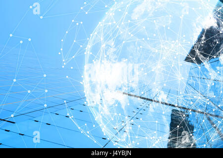 Internet of things , iot , smart home ,smart city and network connect concept. Distributed ledger technology connect wireframe and cloud globe furnish Stock Photo