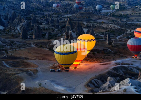Morning start of Hot air balloons flying over Cappadocia. Nevsehir Province. Turkey Stock Photo