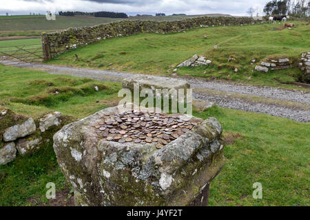 Altar Stone with Modern Day Votive Offerings, Aesica Roman Fort (Great Chesters) Hadrian's Wall, Haltwhistle, Northumberland, UK Stock Photo