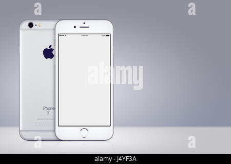 Silver Apple iPhone 7 mockup front and back side on gray background with copy space Stock Photo