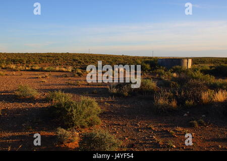 A small farm dam in the sparse vegetation of the Great Karoo natural region in South Africa Stock Photo