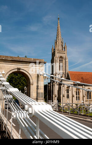 All Saints Church from the suspension bridge, Marlow, Buckinghamshire, England, UK Stock Photo