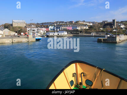 Cape Clear ferry approaching the harbour at Baltimore, County Cork, Ireland, Irish Republic Stock Photo