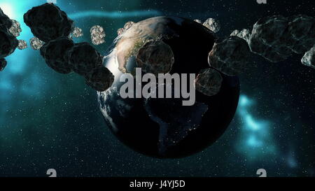 Planet Earth and asteroids spinning around its axis. Futuristic cosmic background Stock Photo