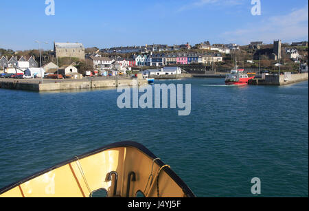 Cape Clear ferry approaching the harbour at Baltimore, County Cork, Ireland, Irish Republic Stock Photo