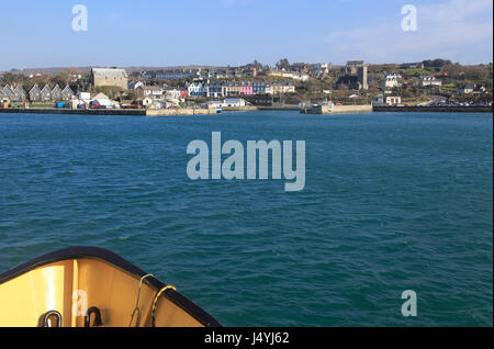 Cape Clear ferry approaching the harbour at Baltimore, County Cork, Ireland, Irish Republic Stock Photo