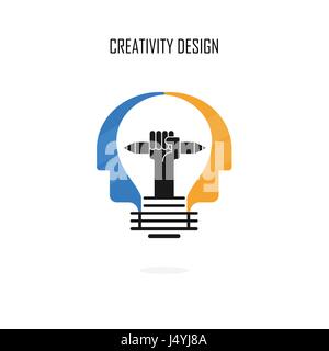 Creative light bulb,pencils and Human heads vector design banner template.Corporate business and industrial creative logotype symbol.Brainstorming and Stock Vector