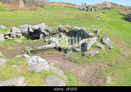 Fulacht fiadh water trough and fireplace building at Drombeg stone circle, County Cork, Ireland, Irish Republic Stock Photo