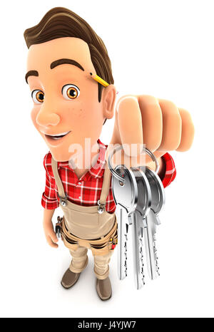 3d handyman holding a bunch of keys, illustration with isolated white background Stock Photo