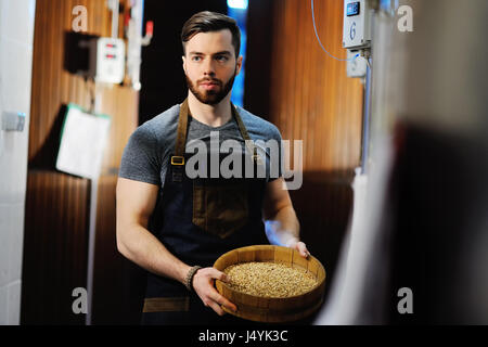 A working brewer holds a wooden container with light beer malt in the hands of metal beer tanks Stock Photo
