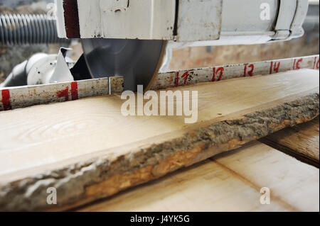 Circular saw cuts a wooden beam Stock Photo