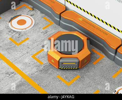 Warehouse robot charging at charging station. Advanced warehouse robotics technology concept. 3D rendering image. Stock Photo