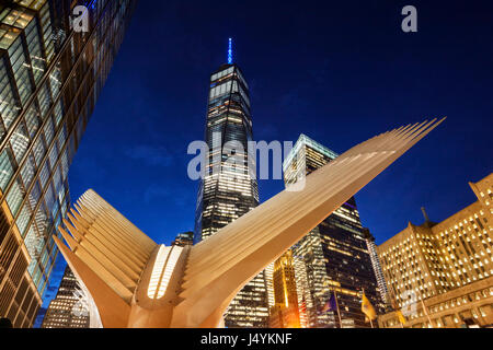 World Trade Center Transportation Hub by Santiago Calatrava and building of One World Trade Center on the back, New York Stock Photo