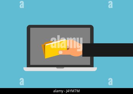 Stealing information from the computer. A hand is taking away folder from the laptop. Online privacy, Phishing attack, fishing, hacker, web security Stock Vector