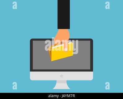Stealing information from the computer. A hand is taking away folder from the personal computer. Online privacy, spyware, fishing, hacker, security. Stock Vector