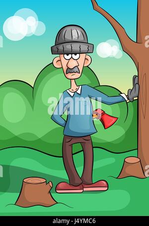 Mustached lumberjack chopping wood Stock Vector