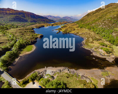 Birds Eye View Aerial Panorama view Killarney National Park on the Ring of Kerry, County Kerry, Ireland. Beautiful panoramic scenic aerial of a nature Stock Photo