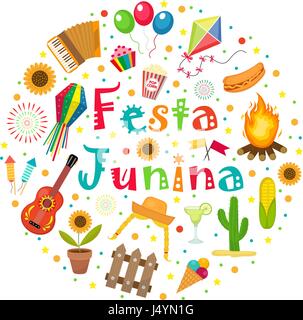 Festa Junina set of icons in a round shape. Brazilian Latin American festival collection of design elements with traditional symbols. Vector illustration. Stock Vector