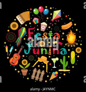 Festa Junina set of icons in a round shape. Brazilian Latin American festival collection of design elements with traditional symbols. Vector illustration. Stock Vector