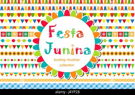 Festa Junina patterned set of brushes, bunting, flags. Festive decorations, border isolated on white background. Vector illustration. Stock Vector