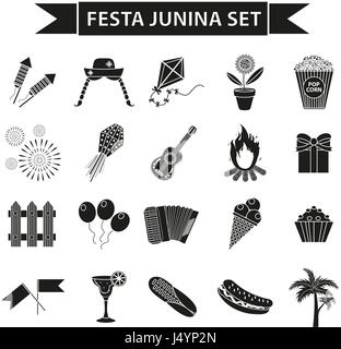 Festa Junina set icons, black silhouette style. Brazilian festival, celebration of traditional symbols. Collection of design elements, isolated on white background. Vector illustration, clip-art. Stock Vector