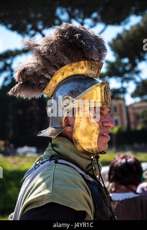 Re-enactors and artifacts at the celebration of the birthday of the city of Rome on the Circus Maximus Grounds in Rome Italy Stock Photo