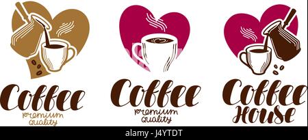 Coffee, coffeehouse label set. Cafe, cafeteria, hot drink logo or icon. Handwritten lettering vector illustration Stock Vector